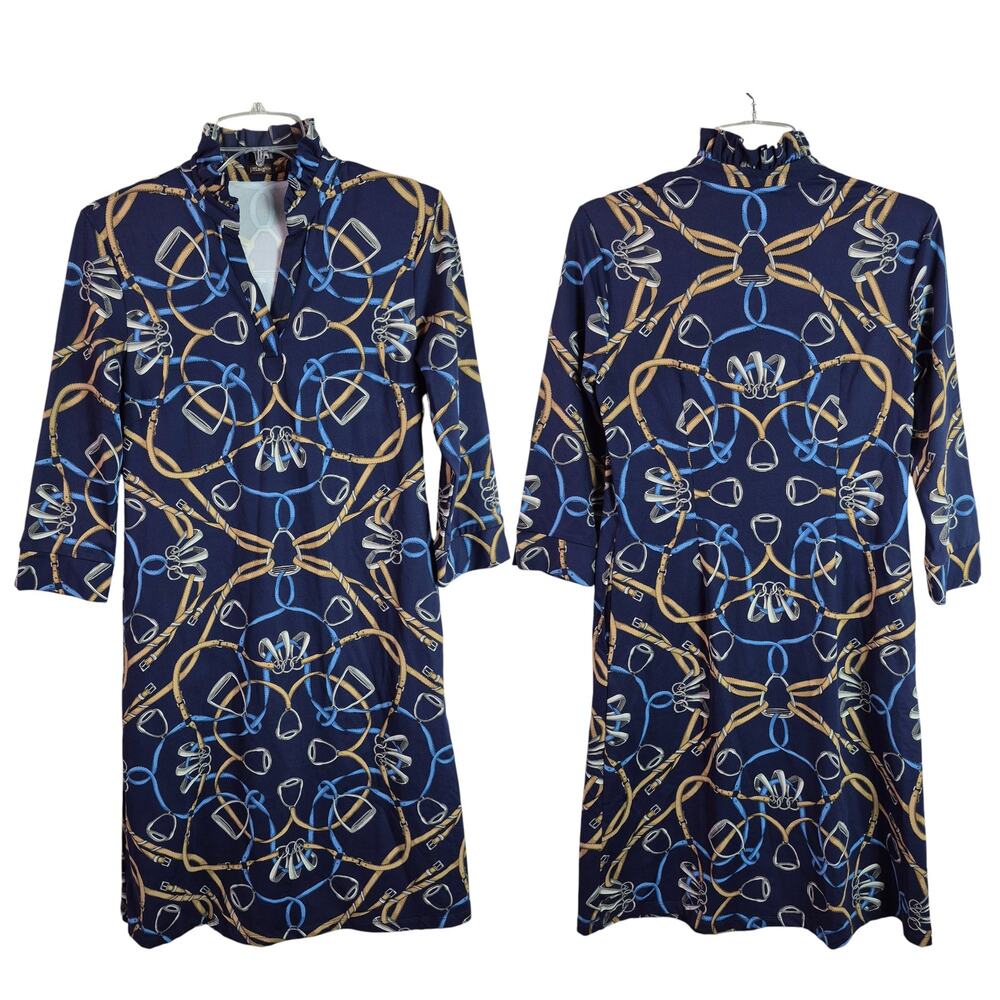 J Mclaughlin Blue Gold Equestrian Horse Bridle Rein Print Catalina Dress Small